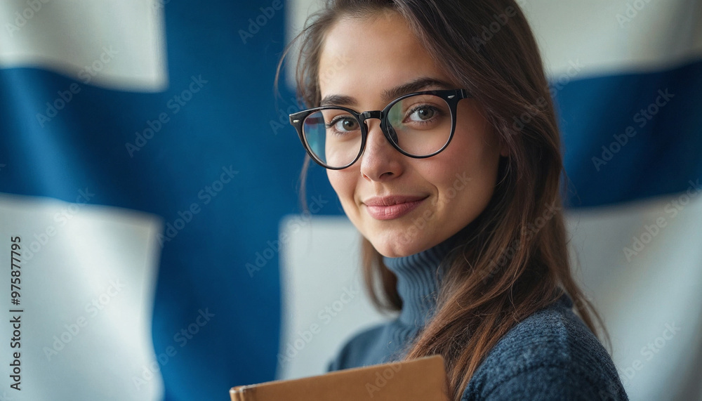 Young woman wearing glasses holding books with the flag of Finland, learn, studying Young woman wearing glasses holding books with the flag of Finland, learn, studying