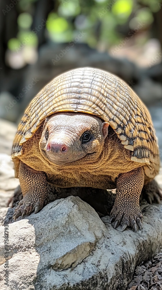 Fototapeta premium Tortoise Gracefully Explores Rocky Terrain on a Sunny Day in a Natural Habitat