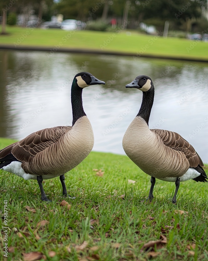 Two Geese Standing by the Water's Edge in a Lush Park During a Sunny Afternoon