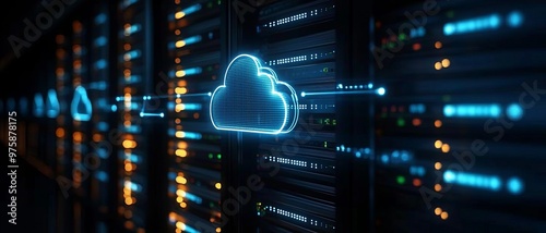 Digital cloud technology concept with illuminated servers and data transfer, highlighting modern cloud computing solutions.