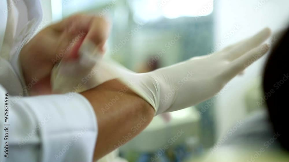 Close-up of dentist putting on protective gloves, medical procedure preparation, healthcare professional, safety and hygiene, dental care, clinic environment, readiness for treatment, patient care Close-up of dentist putting on protective gloves, medical procedure preparation, healthcare professional, safety and hygiene, dental care, clinic environment, readiness for treatment, patient care