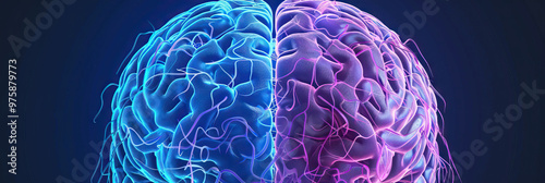 Brainy Blues: The human brain's left and right hemispheres in blue and purple tones, emphasizing neural connections. photo