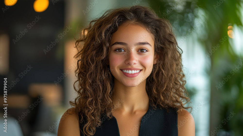 Fototapeta premium Female Business Leader, A young woman exuding confidence in a modern office setting, showcasing professionalism and engagement in her leadership role