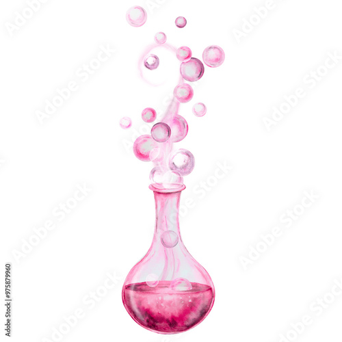 Glass transparent flask, bottle with pink liquid, test tube with love potion, magic elixir. Attributes for Halloween, Sabbath, Valentine's Day. Accessory of a witch, sorceress, fortune teller, chemist