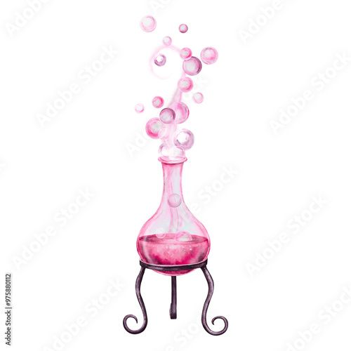 Glass transparent flask, bottle with pink liquid, test tube with love potion, magic elixir. Attributes for Halloween, Sabbath, Valentine's Day. Accessory of a witch, sorceress, fortune teller, chemist photo