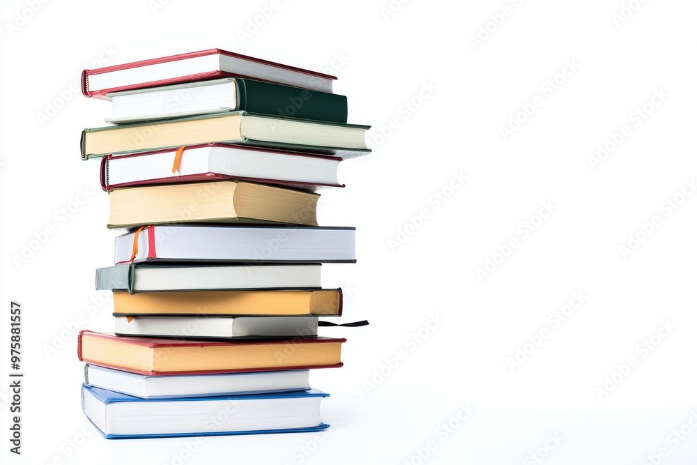 A towering stack of textbooks, symbolizing academic stress or knowledge overload, isolated on white background A towering stack of textbooks, symbolizing academic stress or knowledge overload, isolated on white background