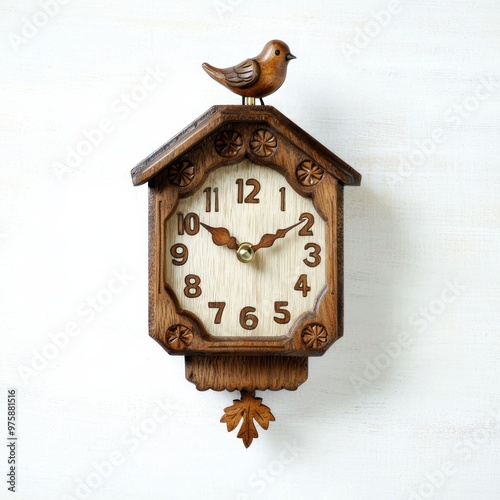 A vintage cuckoo clock with wooden carvings, detailed and ornate, isolated on white background