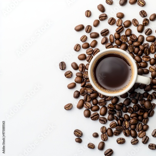 A top-down view of a coffee cup surrounded by scattered coffee beans, rustic style, isolated on white background