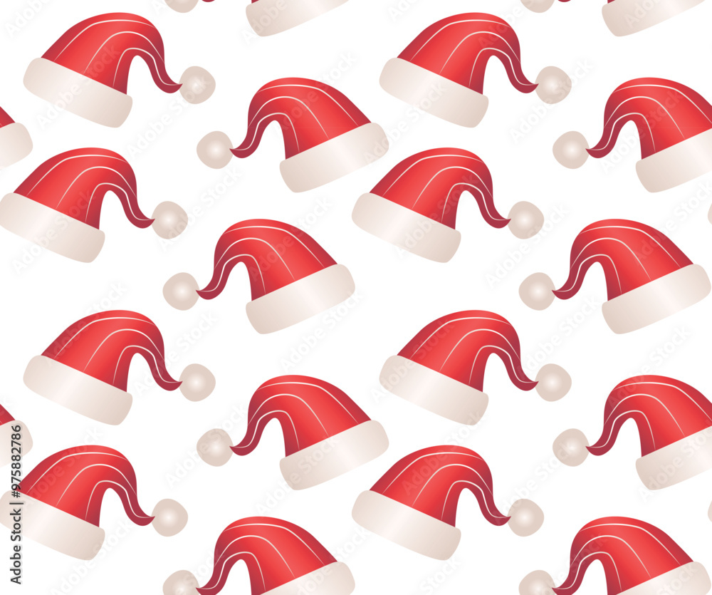 Seamless holiday pattern with red Santa hats and white pom-poms. Ideal for Christmas wrapping paper, holiday background or holiday product design. Seamless holiday pattern with red Santa hats and white pom-poms. Ideal for Christmas wrapping paper, holiday background or holiday product design.