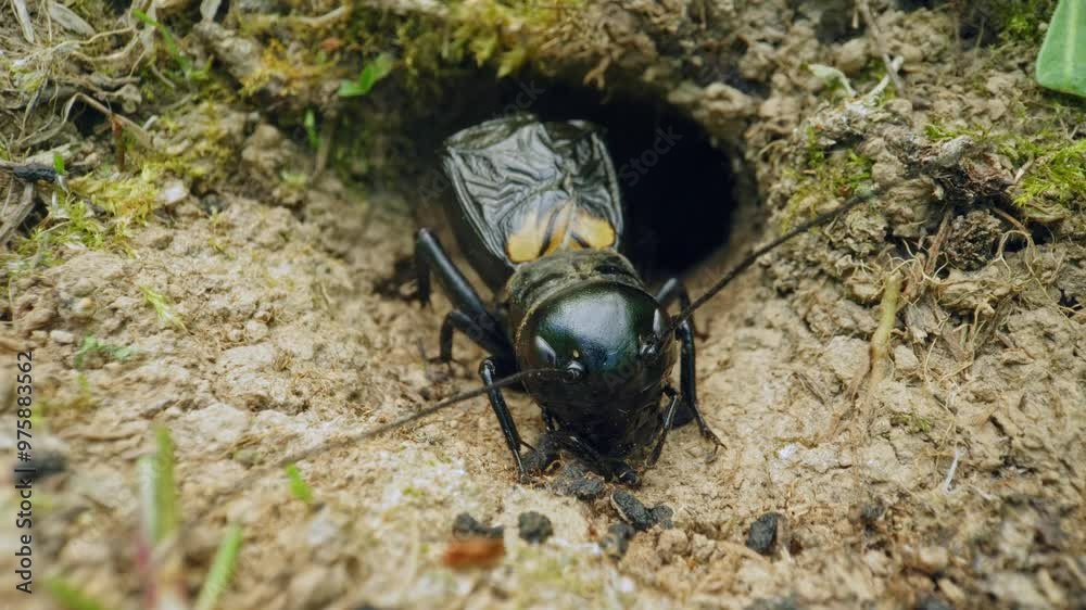 Field cricket (Gryllus campestris) sound, insect stridulating at the burrow