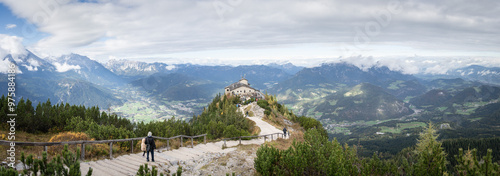 Panoramic shot with view on eagles nest towering above valley and mountains in Berchtesgaden Germany