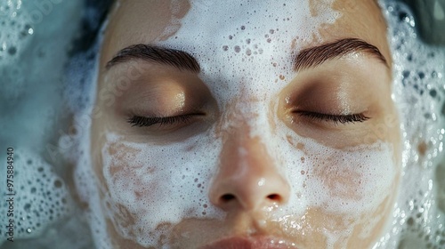 Relaxing facial wash with foam on woman's face.