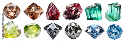 Collection set of gemstone mineral rocks crystal semi-precious stones, on transparent PNG. Brown blue black diamond, almandine, amblygonite, beryl. Many different style. Mockup template for design
