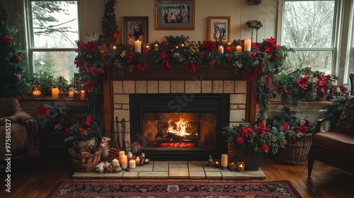 Cozy Christmas Fireplace with Candles and Greenery