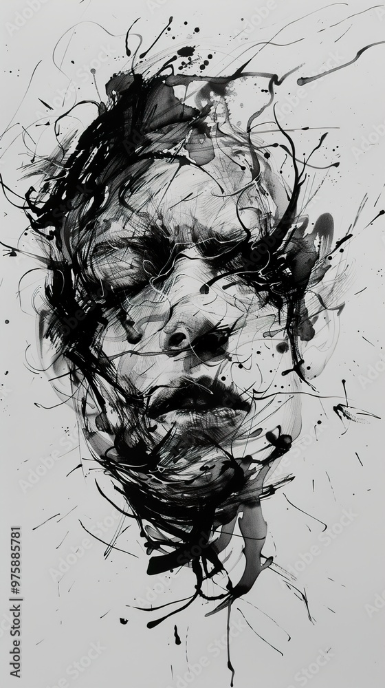 Abstract portrait of a face rendered in black ink on white paper. Abstract portrait of a face rendered in black ink on white paper.