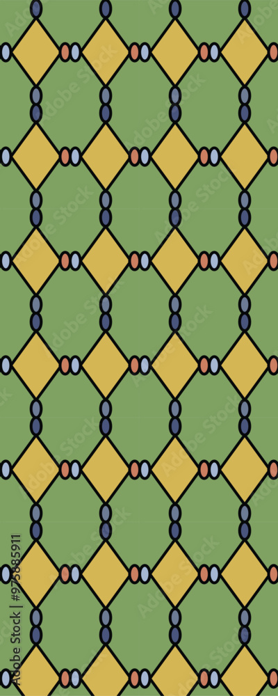 Fototapeta premium A geometric pattern featuring diamonds and circles in various colors on a green background.