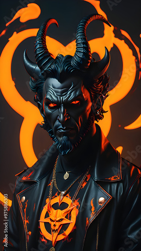 Asmodeus, Behemoth, Beelzebub, Lucifer, Salanus, Asmodeus, Belial, who look like demons with horns and a fiery black-orange aura swirling around their bodies, giving off an aura of vengeance and darkn