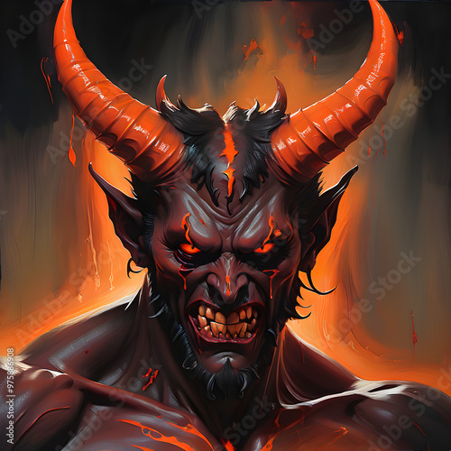 Asmodeus, Behemoth, Beelzebub, Lucifer, Salanus, Asmodeus, Belial, who look like demons with horns and a fiery black-orange aura swirling around their bodies, giving off an aura of vengeance and darkn photo