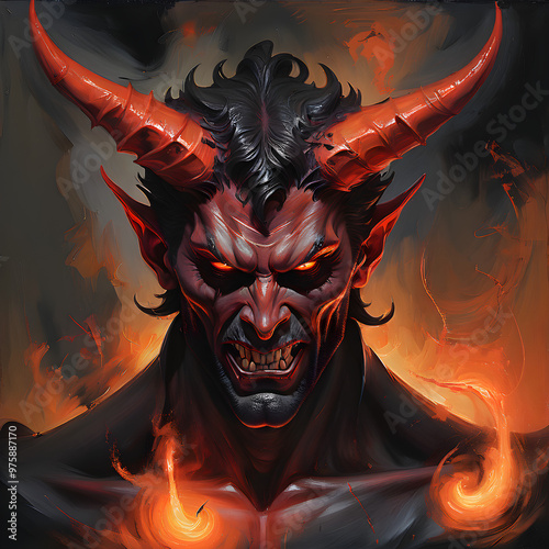 Asmodeus, Behemoth, Beelzebub, Lucifer, Salanus, Asmodeus, Belial, who look like demons with horns and a fiery black-orange aura swirling around their bodies, giving off an aura of vengeance and darkn photo