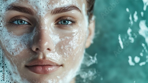 Close-up of a woman's face with foam cleanser on her skin.