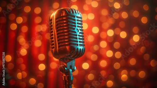 Vintage microphone against a red stage with bright spotlights.