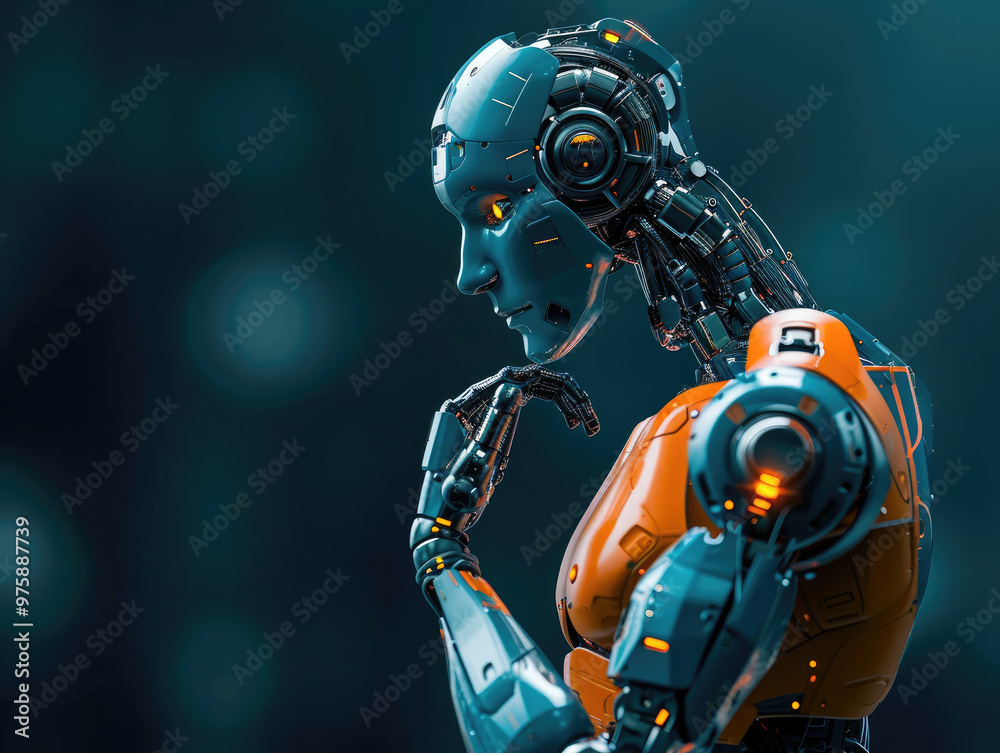 Fototapeta premium robot Ai standing and thinking, blue and orange, left hand to chin, line in the background