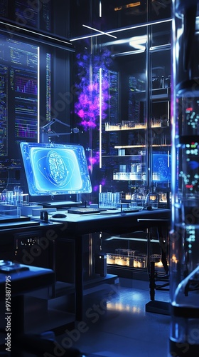 Advanced biotech laboratory, futuristic equipment, holographic data displays, clinical atmosphere