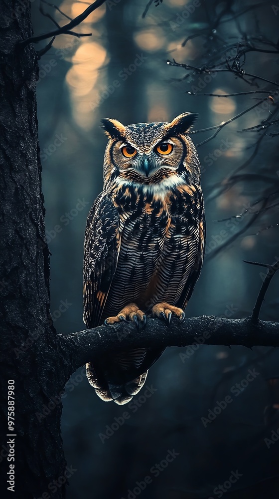 An owl with piercing eyes perched on a tree branch in a dark forest, mysterious and wise, owl, forest, wisdom An owl with piercing eyes perched on a tree branch in a dark forest, mysterious and wise, owl, forest, wisdom