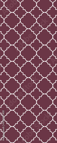 A repeating geometric pattern featuring intricate shapes in white on a burgundy background, ideal for textile or wallpaper design.