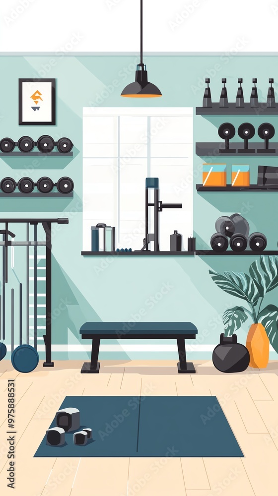 Naklejka premium Home workout, fitness space with minimal equipment, flat design illustration