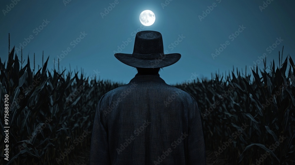 Man In Hat Looking Up At The Moon In Cornfield At Night Man In Hat Looking Up At The Moon In Cornfield At Night