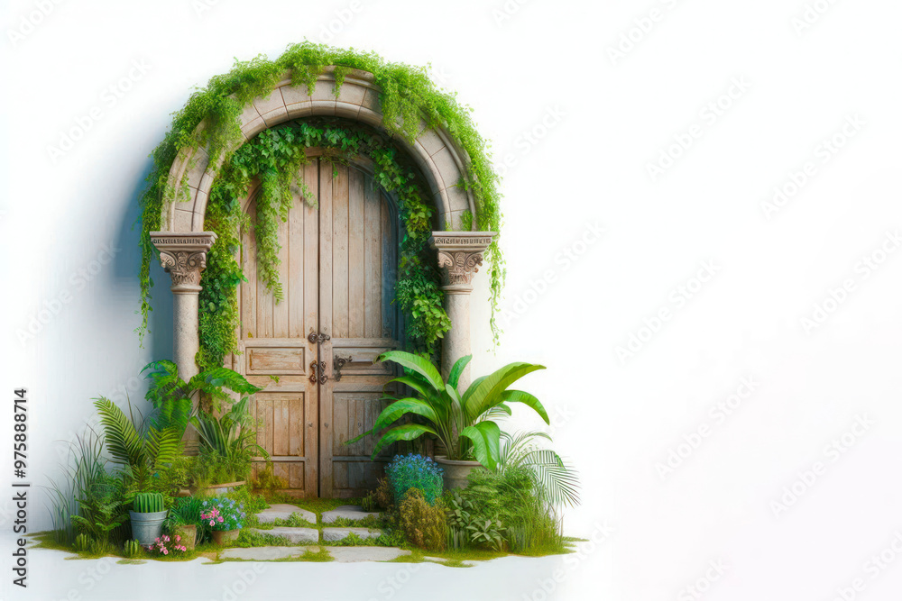 Fototapeta premium A door overgrown with greenery. Space for text.