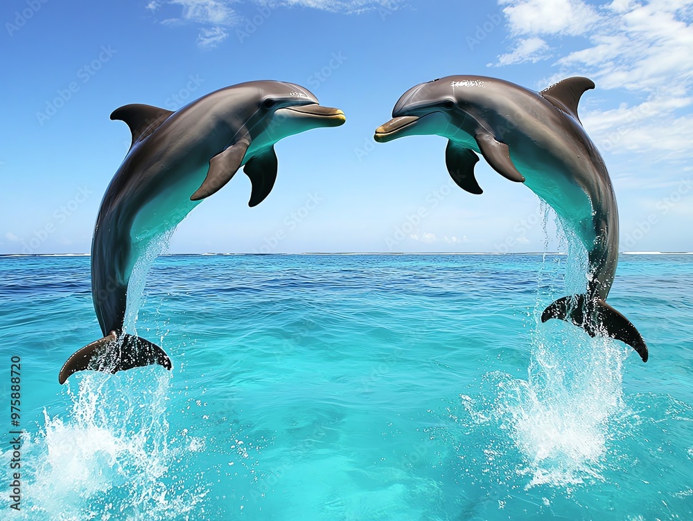 Fototapeta premium Two dolphins jumping out of crystalclear water, caught in midair in a synchronized leap, dolphins, ocean, harmony