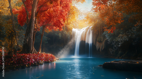 Beautiful waterfall, wallpaper, the beauty of the waterfall amidst the red trees and blue water