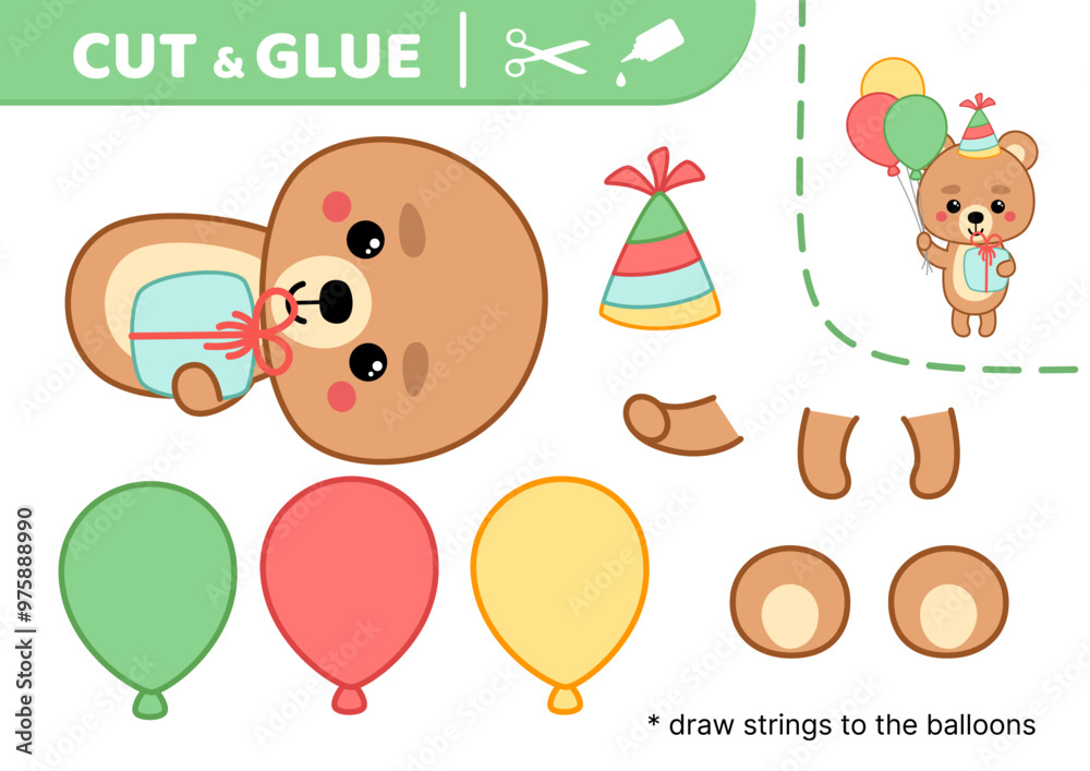 Fototapeta premium Cut and glue. Birthday of little bear. Applique. Paper game. Vector