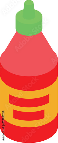 Red plastic bottle with dispenser cap containing ketchup sauce, convenient packaging for storing condiments