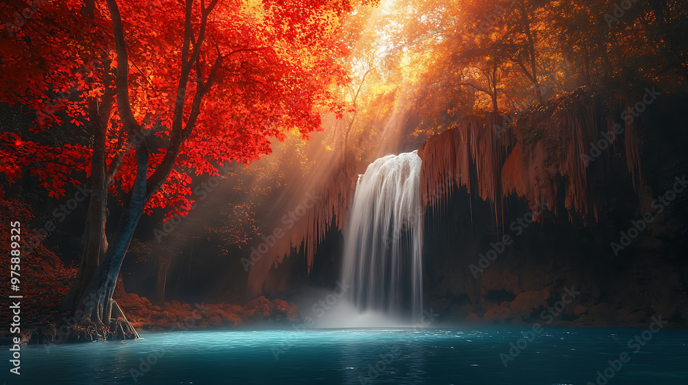 Beautiful waterfall, wallpaper, the beauty of the waterfall amidst the red trees and blue water
