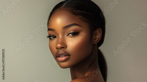 Close-up of a beautiful model's face with little makeup on a neutral background. Ideal for advertising beauty and makeup products