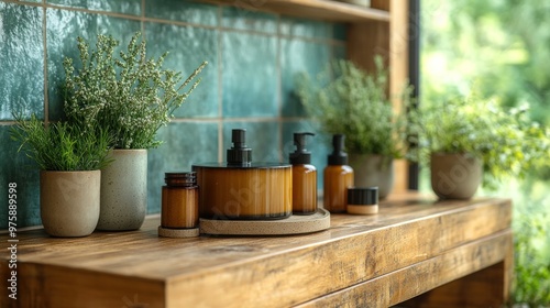 Modern bathroom countertop with natural elements