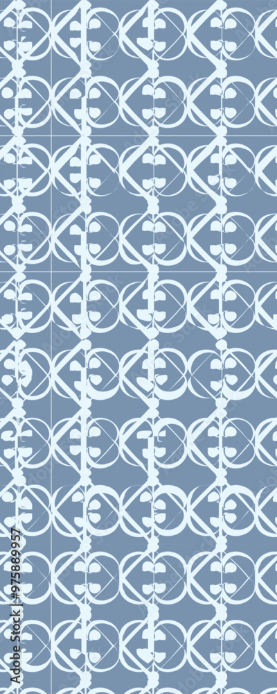 A repeating geometric pattern featuring circular motifs in blue and white, suitable for backgrounds or textiles. A repeating geometric pattern featuring circular motifs in blue and white, suitable for backgrounds or textiles.