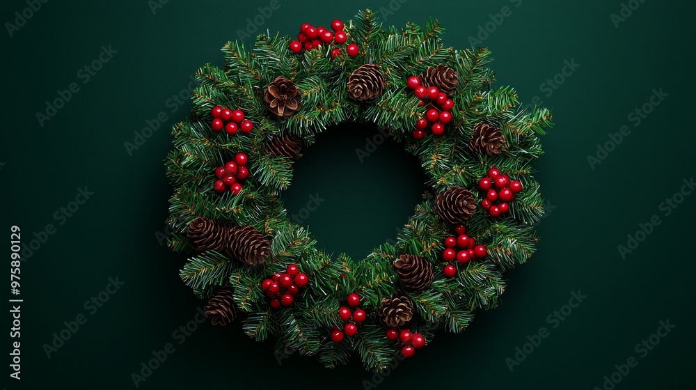 Christmas Wreath with Pine Cones and Red Berries on Green Background Christmas Wreath with Pine Cones and Red Berries on Green Background