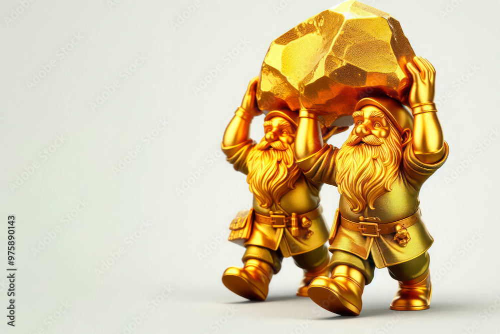 Golden dwarves carry a huge nugget on a light background. Space for text. Golden dwarves carry a huge nugget on a light background. Space for text.