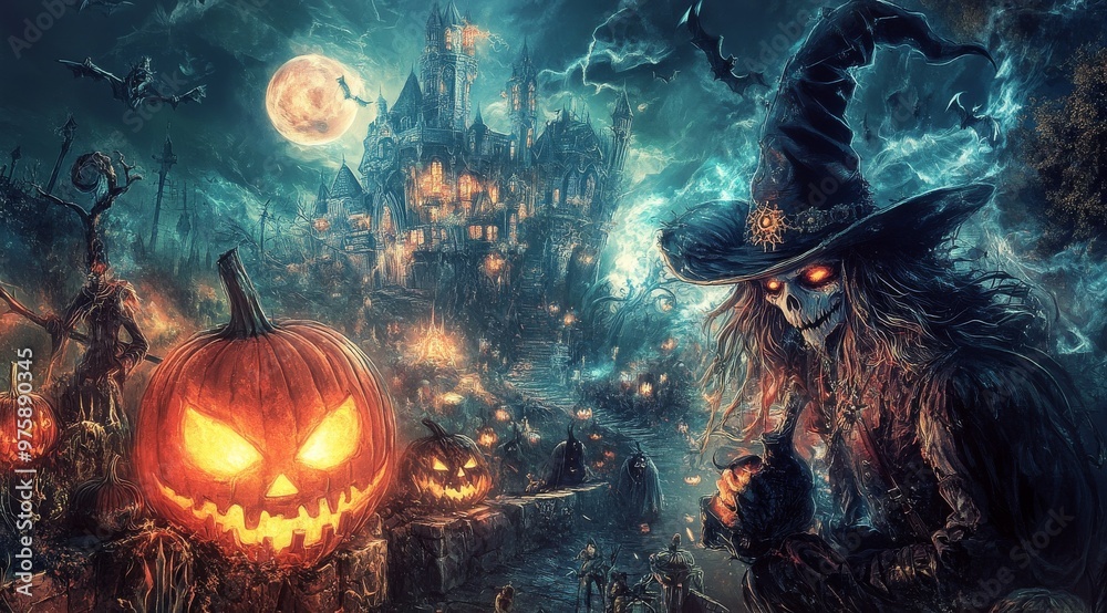 A mystical Halloween night unfolds as an eerie witch stands beside a glowing pumpkin in front of a haunted castle under a full moon amidst swirling mist and shadowy figures A mystical Halloween night unfolds as an eerie witch stands beside a glowing pumpkin in front of a haunted castle under a full moon amidst swirling mist and shadowy figures