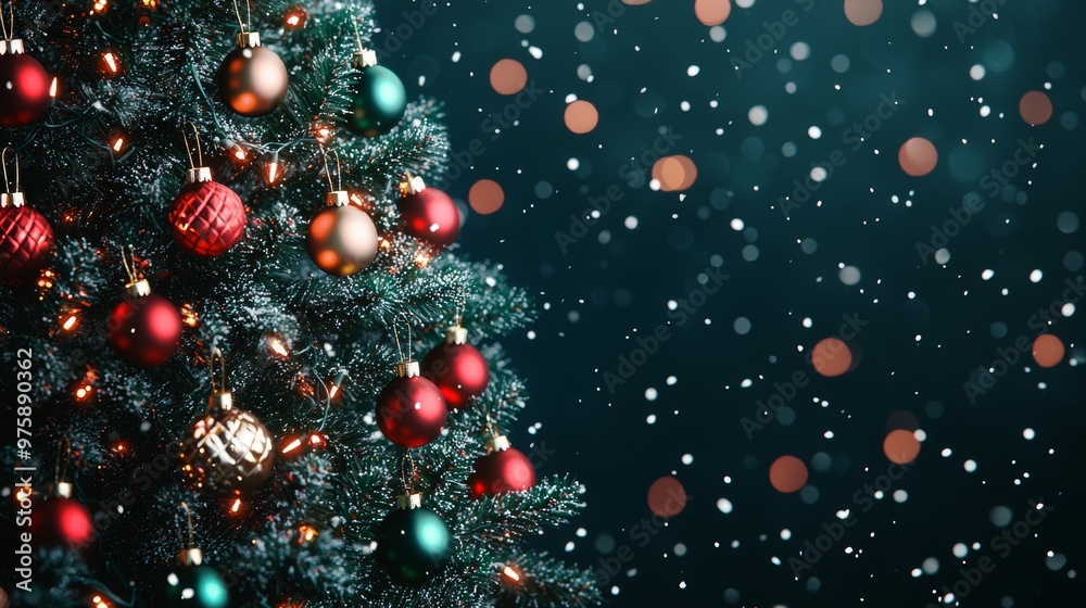 Christmas Tree Decorated with Red Gold and Green Ornaments and Lights Against a Snowy Background Christmas Tree Decorated with Red Gold and Green Ornaments and Lights Against a Snowy Background