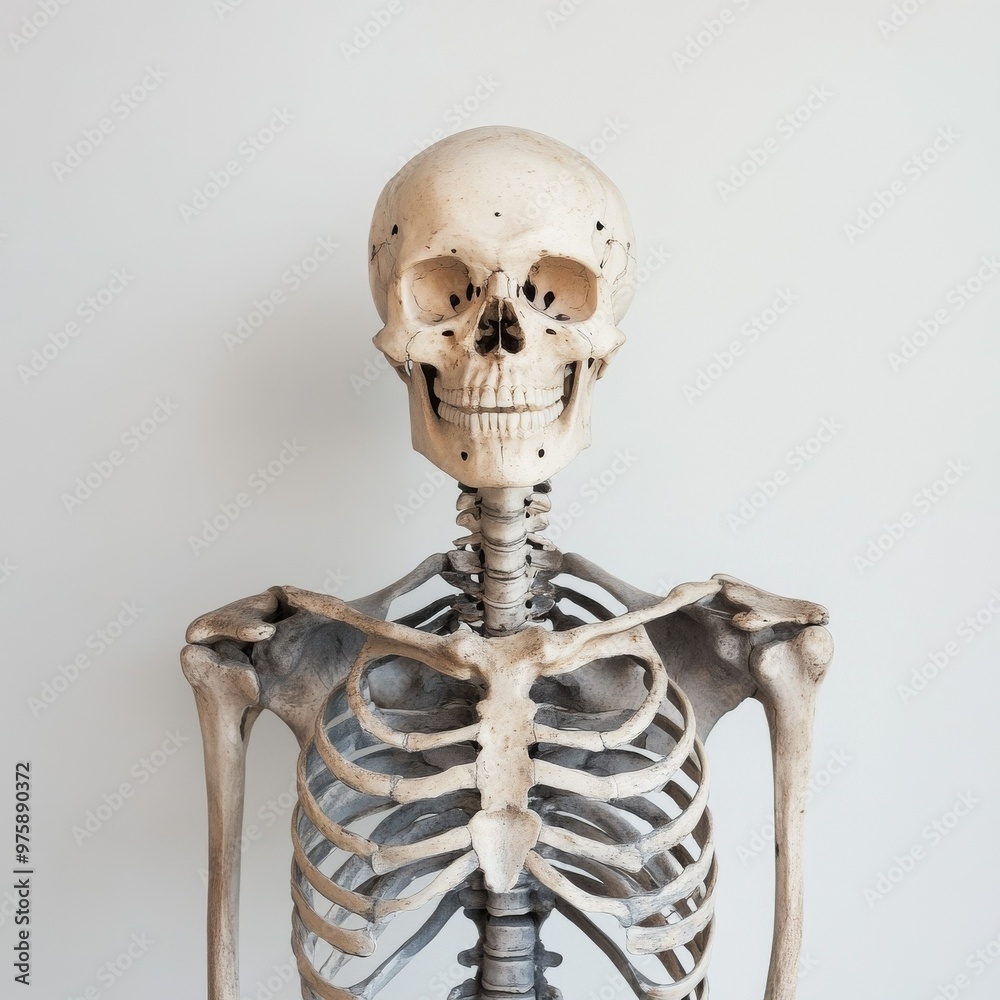 Anatomical skeleton model poses cheerfully against a minimalist backdrop, embodying the essence of human anatomy during a bright and enlightening study session Anatomical skeleton model poses cheerfully against a minimalist backdrop, embodying the essence of human anatomy during a bright and enlightening study session