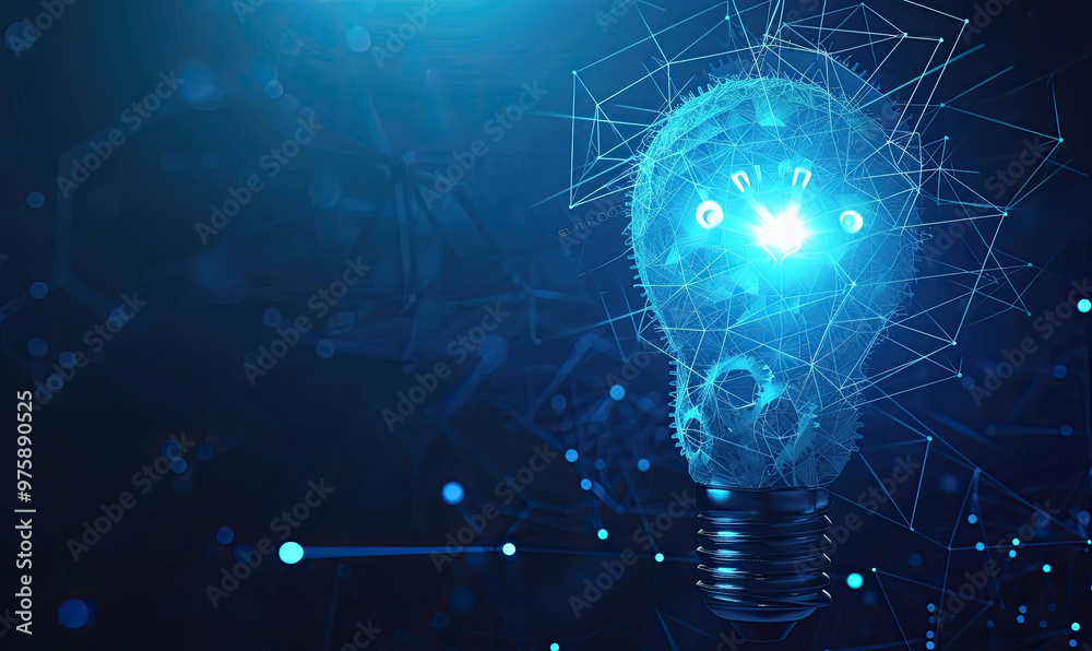 Abstract blue glowing light bulb with gears inside. Machine learning and AI concept Low poly style design. Abstract geometric background. Wireframe light connection structure Abstract blue glowing light bulb with gears inside. Machine learning and AI concept Low poly style design. Abstract geometric background. Wireframe light connection structure