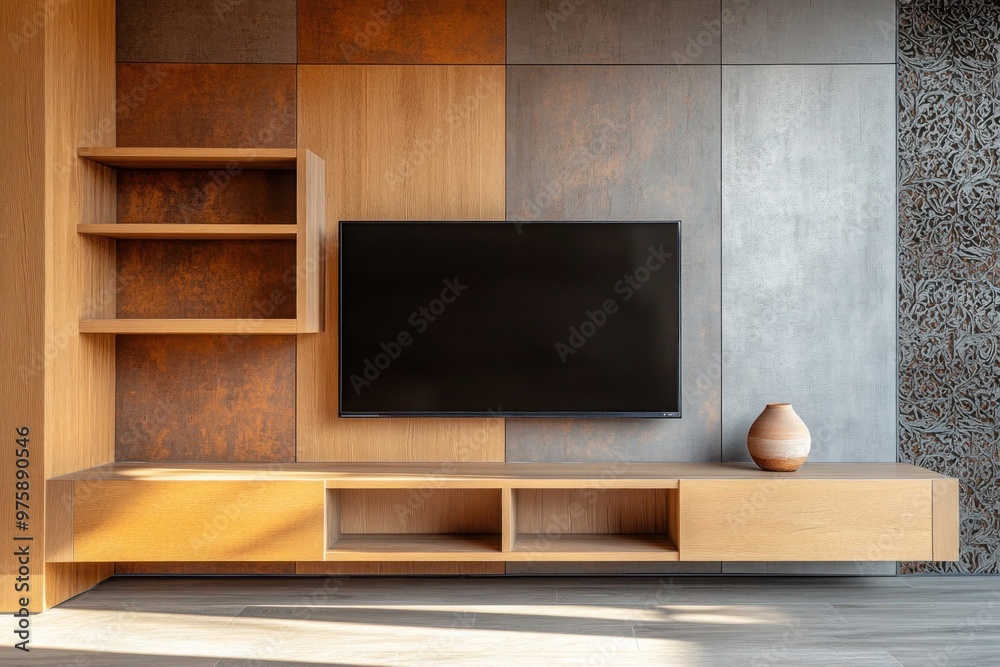 A minimalist TV stand with open shelving, against a decorative, multi-toned wall. A minimalist TV stand with open shelving, against a decorative, multi-toned wall.