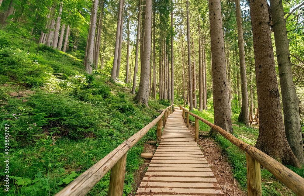 Wooden boardwalk through the deep forest grow Wooden boardwalk through the deep forest grow