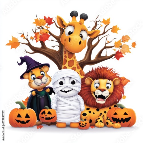 Cute Cartoon Animals Dressed Up for Halloween with Pumpkins photo