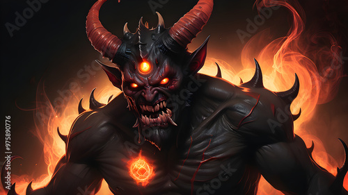 Asmodeus, Behemoth, Beelzebub, Lucifer, Salanus, Asmodeus, Belial, who look like demons with horns and a fiery black-orange aura swirling around their bodies, giving off an aura of vengeance and darkn photo